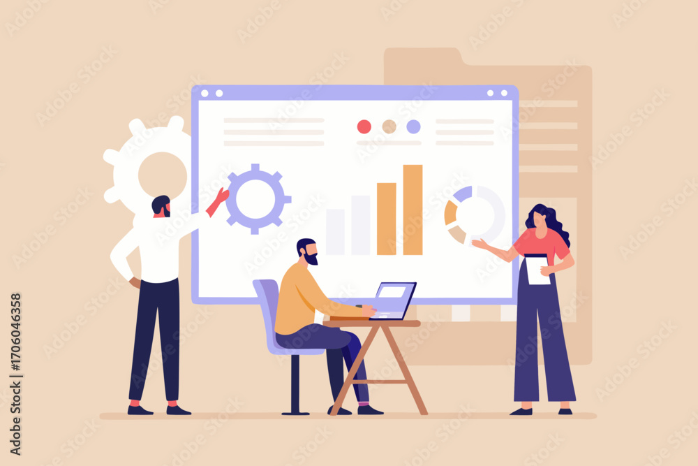 Fototapeta premium Team presenting business analytics data on a large screen with charts and graphs during a meeting