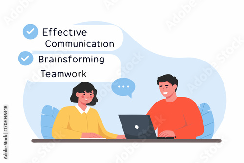 Two colleagues collaborating on a project using a laptop and discussing ideas for effective communication and teamwork