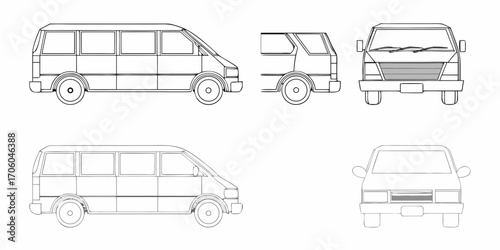 Set of line art illustrations of a passenger van from multiple angles for design and automotive purposes
