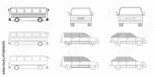 Collection of stylized line art vehicles including buses vans and suvs shown from front and side views