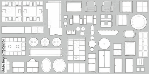 Top down view of various furniture and architectural elements for interior design and floor plans