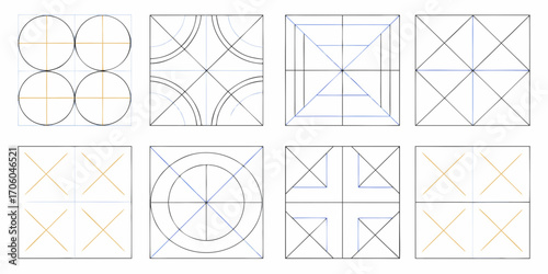Geometric patterns and designs composed of lines circles and squares in a grid layout