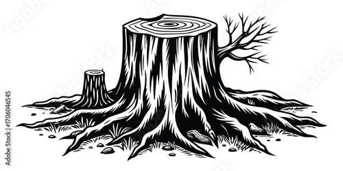 Striking Black and White Woodcut of a Tree Stump with Exposed Roots