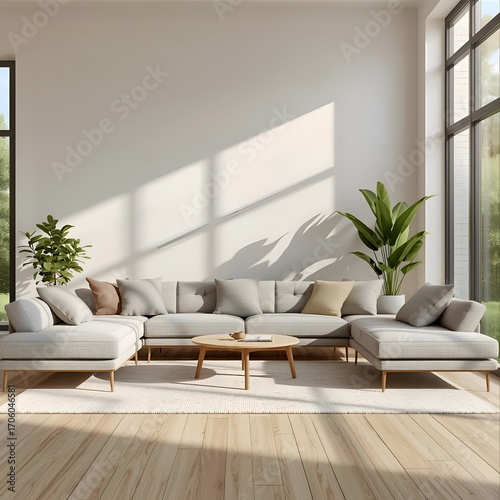 A spacious 3D modern living room interior with a minimalist grey sofa set, soft cushions, wooden coffee table, indoor plants, and warm natural sunlight through large windows.
