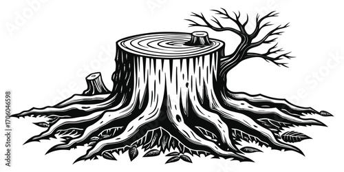 Detailed Woodcut Style Tree Stump Illustration Depicting Nature and Decay