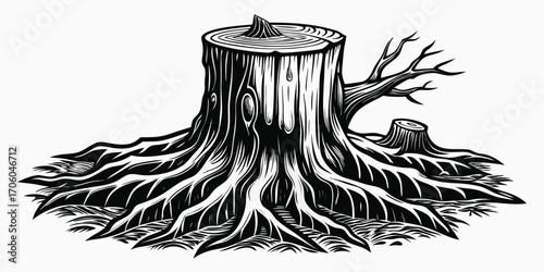 Monochrome Tree Stump Illustration with Roots and a Small Tree Next To it