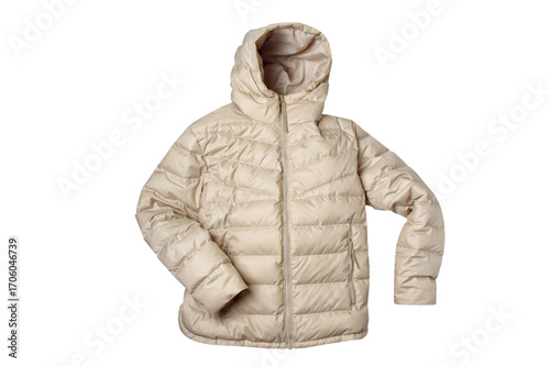  Beige warm jacket on padding polyester isolated on white background