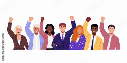 Diverse group of smiling people with raised fists celebrating unity and success in a modern illustration