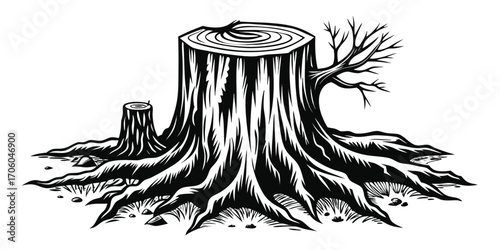 Monochrome Illustration of a Tree Stump with Exposed Roots and a Small Branch