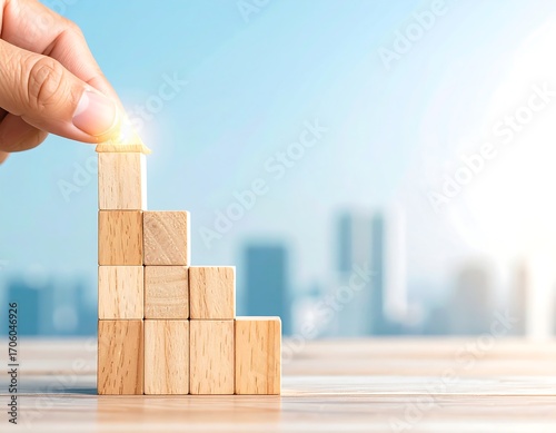 Hand placing wooden block on top of a growing staircase against a city backdrop