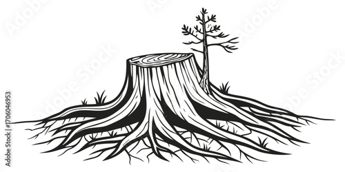 Detailed Tree Stump with Roots and Sapling Black and White Vector Illustration