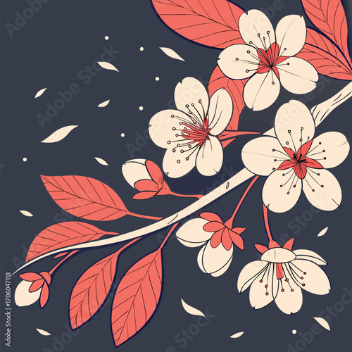 A delicate branch of cherry blossoms with white petals and red centers, set against a dark blue background with scattered petals.