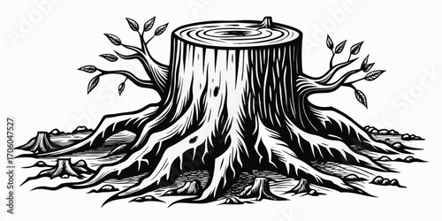 Detailed Black and White Woodcut Illustration of a Tree Stump with Roots and Branches