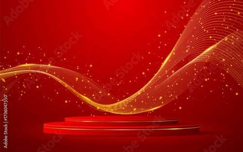 Red podium with elegant gold wave lines on the back for advertisement display. Display of cosmetic products. Stage or podium. vector illustration	