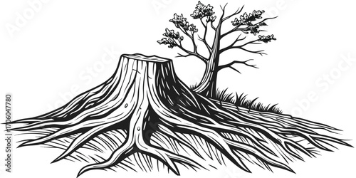 Monochrome Illustration of a Tree Stump with Roots and a Small Tree on a White Background