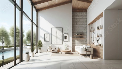 Modern living room with large windows, natural light, minimalist decor, and a view of a swimming pool and trees