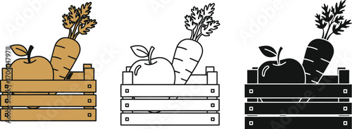 Apple Carrot Icon Set in Wooden Crate Design in Multiple Styles