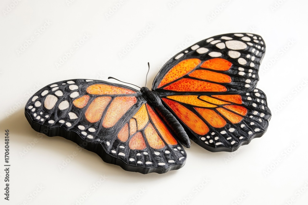 Fototapeta premium Intricate 3D-printed monarch butterfly art piece, showcasing vibrant orange and black wings.