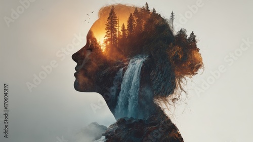 Wallpaper Mural Creative double exposure of a woman's silhouette blended with a waterfall and forest at sunset Torontodigital.ca