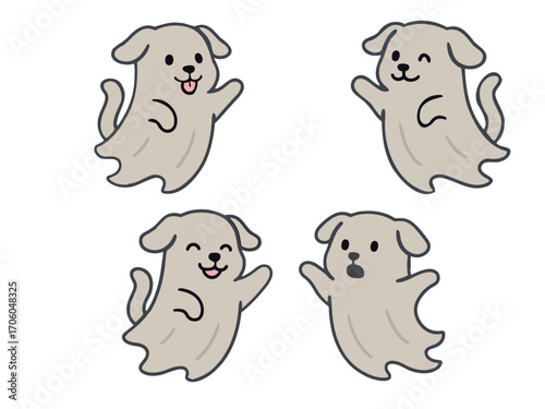 ghost dogs with different playful expressions — one with tongue out, one winking, one smiling happily, and one looking surprised — designed in a fun Halloween style.