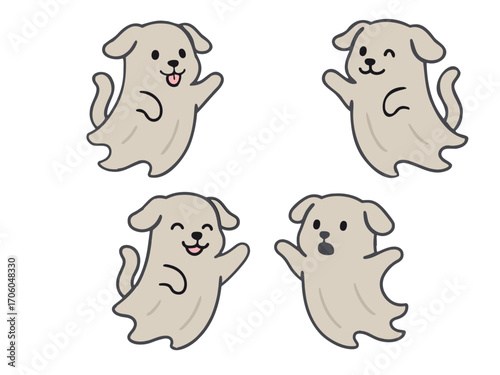ghost dogs with different playful expressions — one with tongue out, one winking, one smiling happily, and one looking surprised — designed in a fun Halloween style.