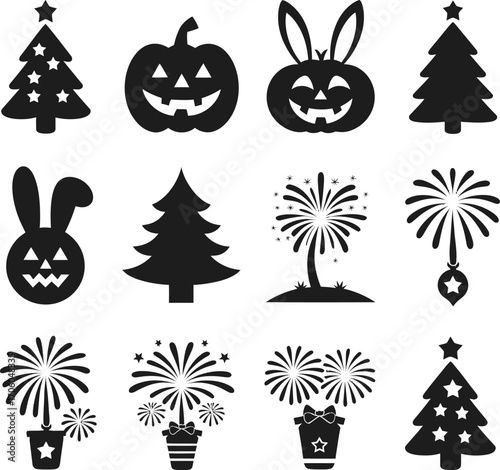 Vector art of collection of festive icons featuring christmas trees, halloween pumpkins, easter bunnies, and celebratory fireworks