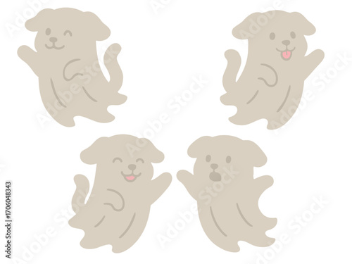 ghost dogs with different expressions — one winking, one with tongue out, one smiling, and one looking surprised — in a simple playful Halloween design.