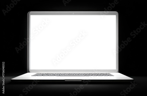 Silver laptop, bright screen against a black background, showing a minimalist and sleek design. A tech presentation with illuminated focus