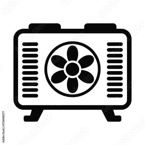 Minimalist black and white line art icon of an air conditioning unit with circular fan and ventilation slots on white background