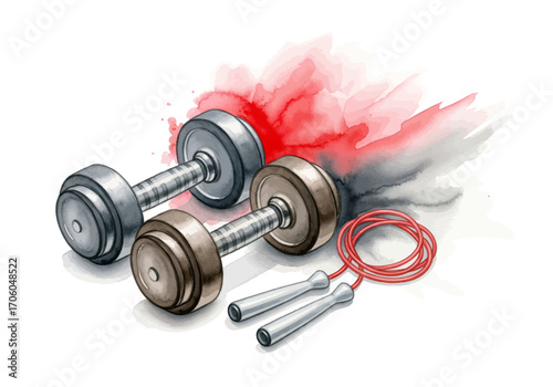 Dynamic watercolor artwork of fitness essentials dumbbells and a jump rope, set against an energetic splash, inspiring strength, health, and an active lifestyle