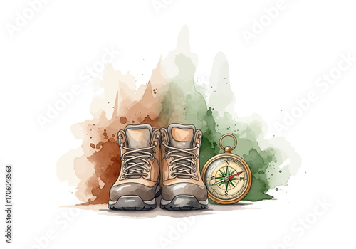 A Pair of Hiking Boots and a Compass, Symbolizing Adventure and Exploration in Nature