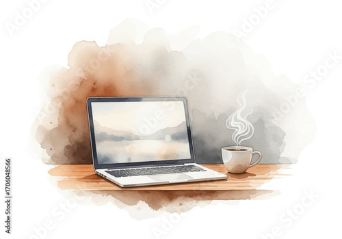 A tranquil and cozy remote work setup featuring a laptop with a landscape screensaver and a steaming coffee mug, painted in a soft watercolor style