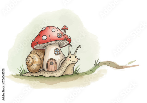 Cute fantasy snail with a red toadstool mushroom for a shell, a whimsical fairytale character illustration