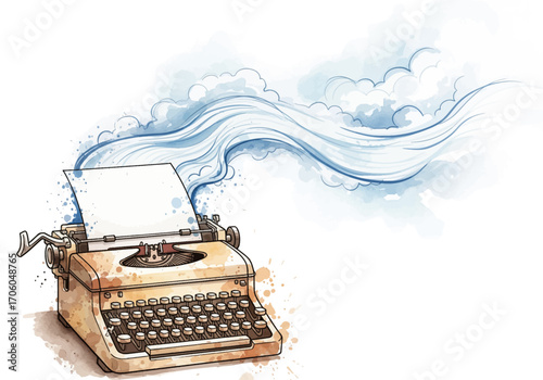 Conceptual watercolor illustration of a vintage typewriter with a magical cloud of creative inspiration