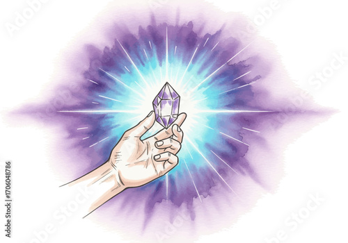 Fantasy illustration of a hand grasping a radiant amethyst crystal, emanating a powerful and magical violet aura of light and energy