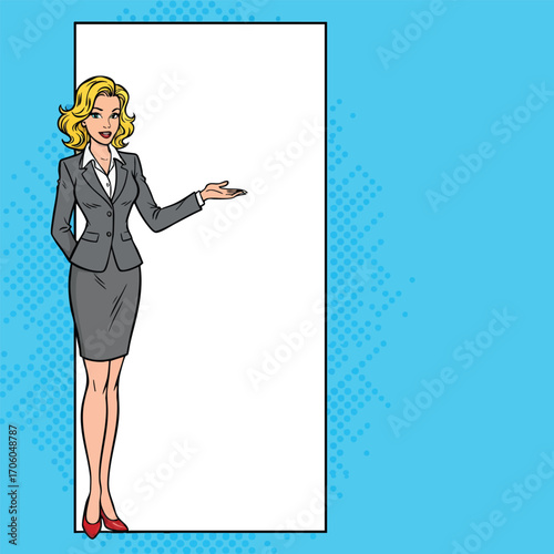 Pop art illustration of a blonde businesswoman in a grey suit presenting a blank space.