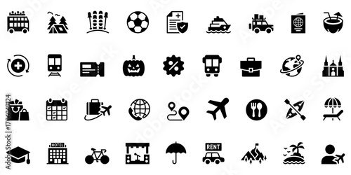 Travel and tourism solid glyph icon set. Features vacation, airplane, summer, leisure, recreation transport, and activity symbols. Perfect for travel agency, booking. Professional, minimal vector set.