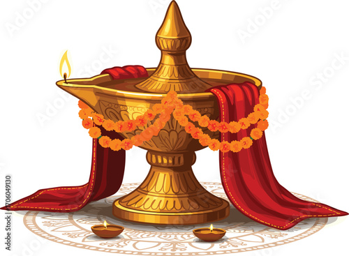 Festive Gold Lamp with Marigold Garland – Vector Art