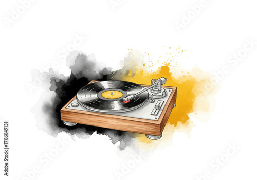 Artistic watercolor illustration of a vintage turntable playing a vinyl record, set against a vibrant abstract splash background