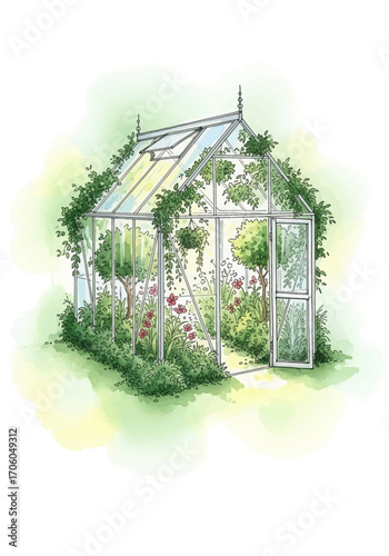 Dreamy garden sanctuary inside a beautiful glasshouse, a detailed botanical watercolor drawing with climbing vines and roses