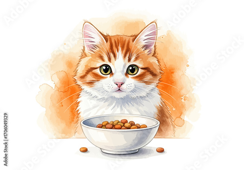 Adorable ginger and white cat patiently waiting by a bowl of dry kibble, a charming watercolor illustration for pet care concepts