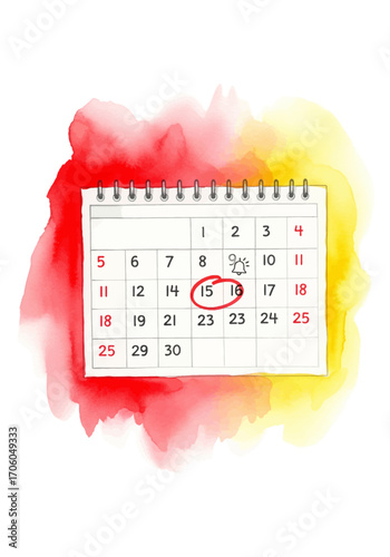 A vibrant red and yellow watercolor splash highlights a special date circled on a monthly calendar, marking an important event or appointment