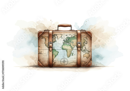 Watercolor illustration of a vintage suitcase with a world map, symbolizing the spirit of global adventure and exploration