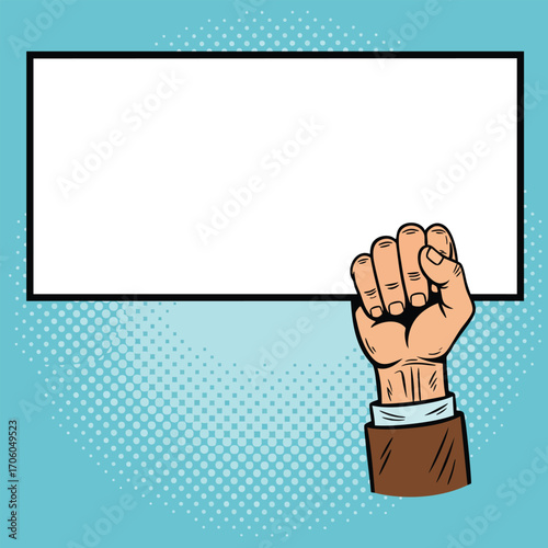 Pop art illustration of a clenched fist holding a blank white placard for custom text.