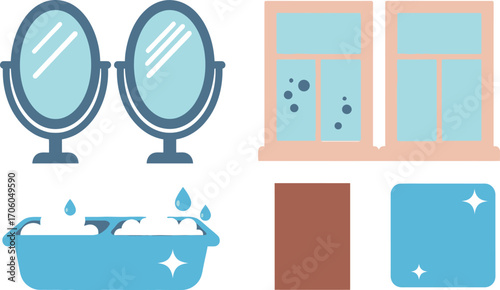 Bathroom Elements Mirror, Bathtub, Window, & Wall Tile Set on White