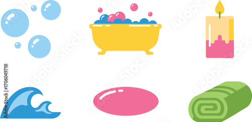 Bathtub Filled with Colorful Bubbles, Soap, Candle and Rolled Towel on a White Background