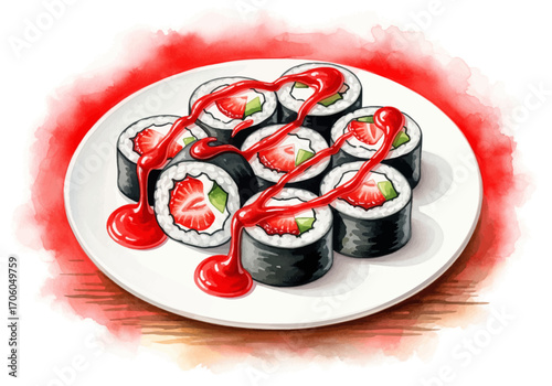 An artistic illustration of a creative Japanese fusion dessert, featuring sweet maki rolls with fresh strawberries and a rich red berry sauce on a white plate