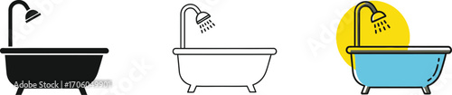 Bathtub Shower Icon Set, Minimalist Bathroom Fixtures, Black, Outline, and Color Style