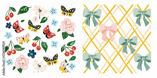 Charming collection of hand drawn butterflies cherries flowers and bows on a patterned background