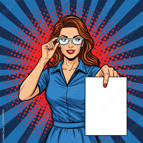 Pop art illustration of a confident woman in glasses holding a blank white paper sign.